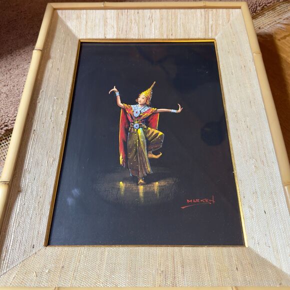 Vintage Gouache Original Painting Thai Dancer Signed Marken 17x12" Framed Art - Picture 6 of 11